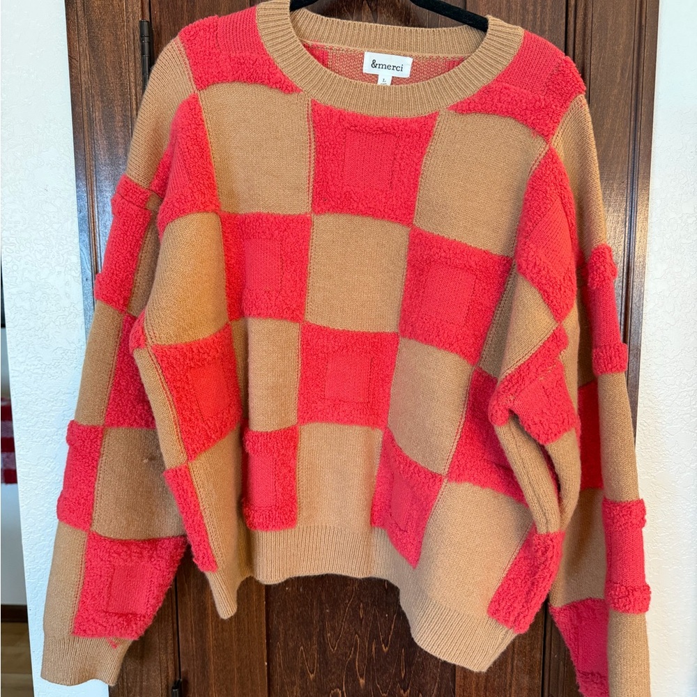 Ameci Red and Tan Checkered Women's Sweater
